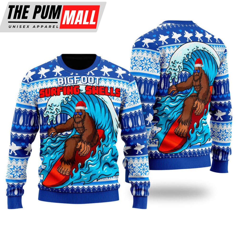 Bigfoot Surfing Swells Ugly Christmas Sweater, Crewneck Sweater For Men & Women