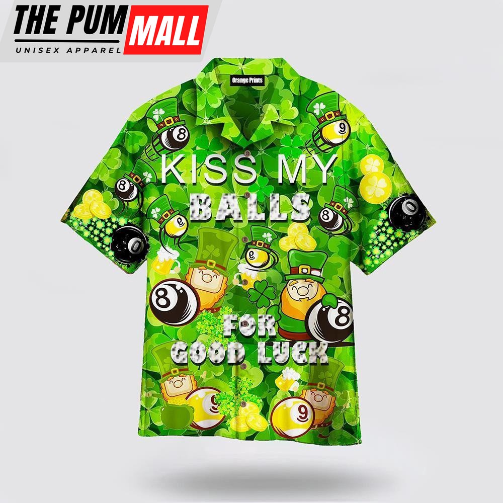 Billard Kiss My Balls For Good Luck Saint Patricks Day Hawaiian Shirt, St Patricks Day Shirts, Shamrock Hawaiian Shirt