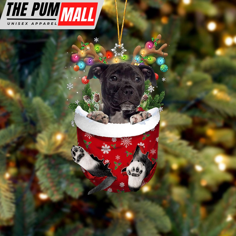 Black American Staffordshire Terrier In Snow Pocket Christmas Ornament_9882 Limited Edition