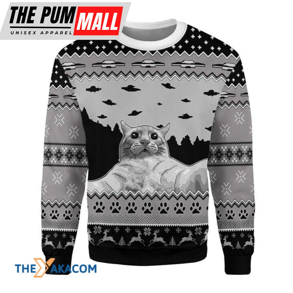 Black And White Pattern And Cat With UFO Gift For Ugly Christmas Sweater