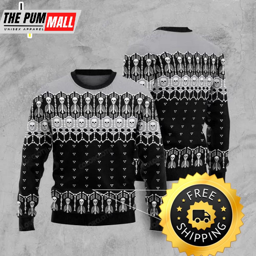 Black And White Skeleton Ugly Christmas Sweater, Halloween Christmas Sweater