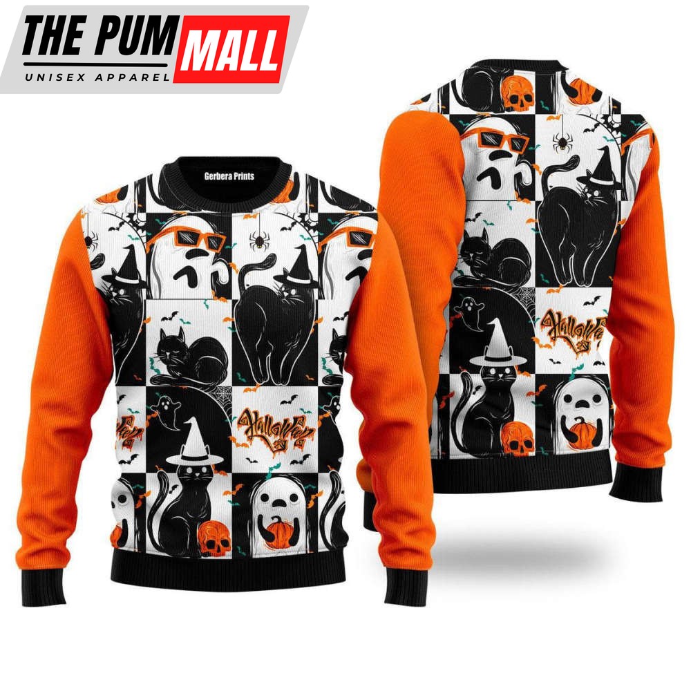 Black Cat and Ghost Halloween Ugly Christmas Sweater, Black Cat and Ghost Halloween 3D All Over Printed Sweater