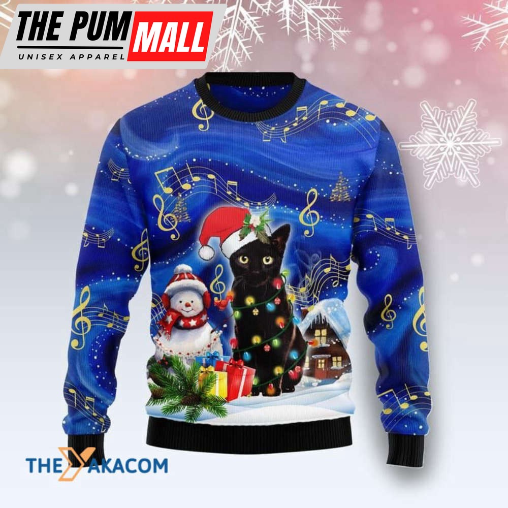 Black Cat Christmas Night Light Up Sweater – Perfect Ugly Sweater Gift for Christmas – All Over Print