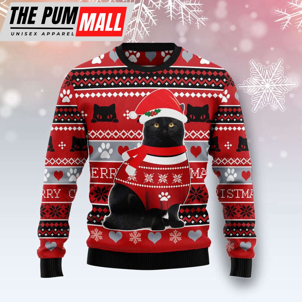 Black Cat Christmas Pattern Ugly Christmas Sweater, Gift For Christmas 2023