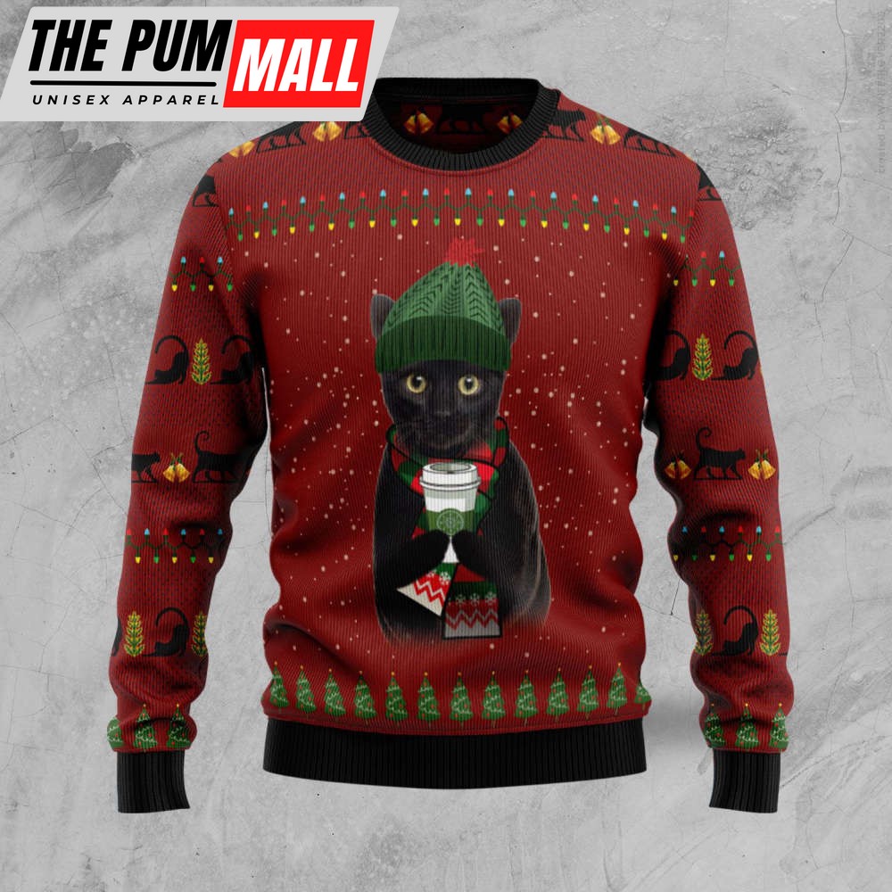 Black Cat Coffee Ugly Christmas Sweater, Gift For Christmas 2023