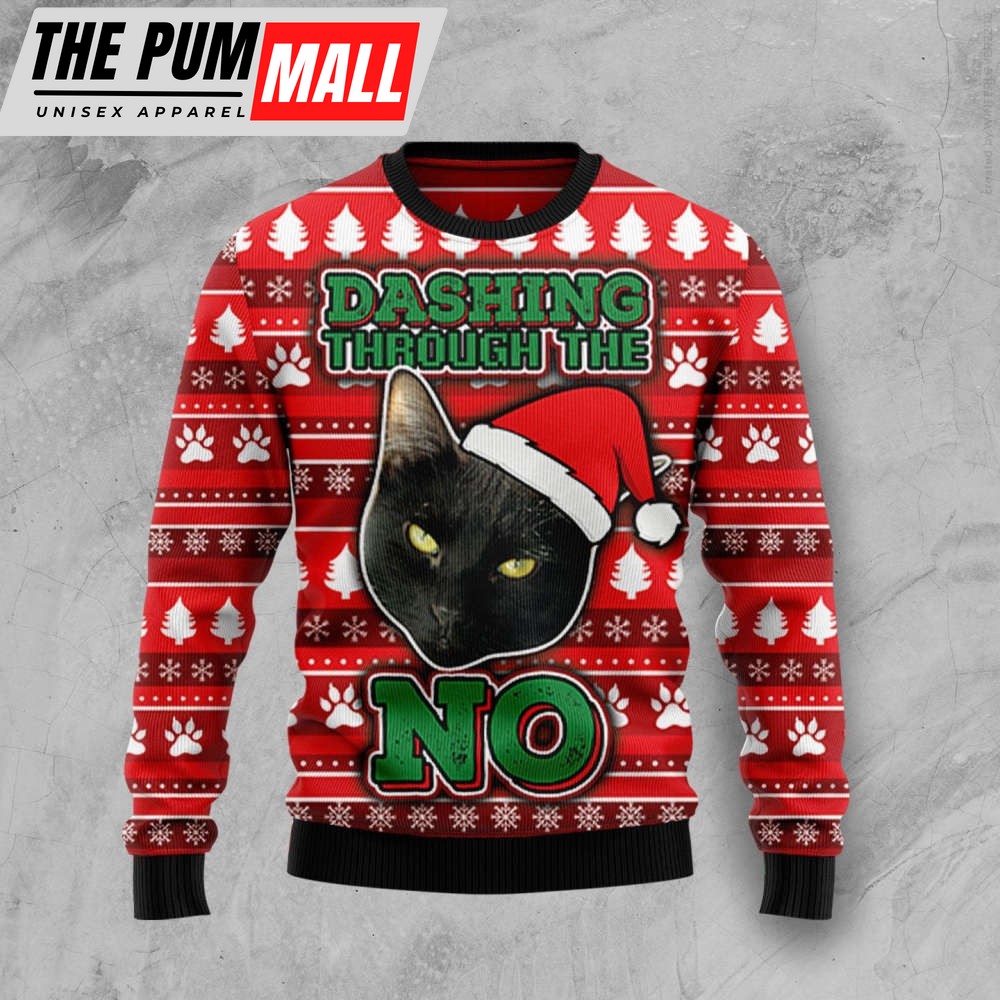 Black cat dashing through the no Christmas sweater