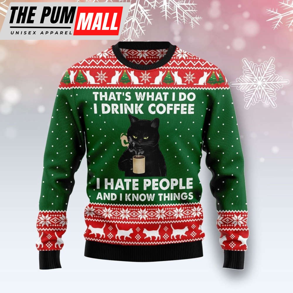 Black Cat Drink Coffee Ugly Christmas Sweater
