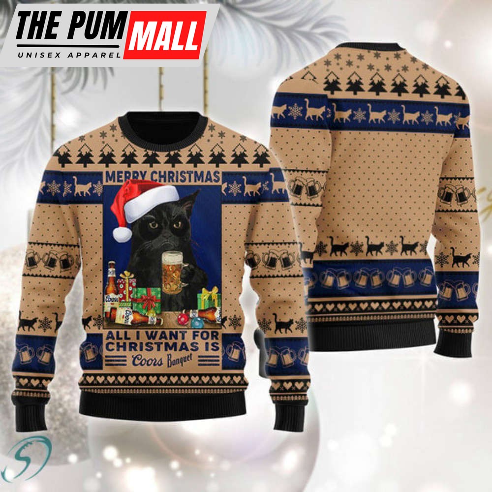 Black Cat Drinking Coors Banquet Ugly Christmas Sweater