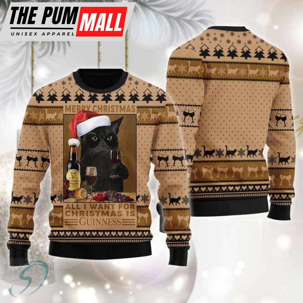 Black Cat Drinking Guinness Beer Ugly Christmas Sweater – Christmass Gift