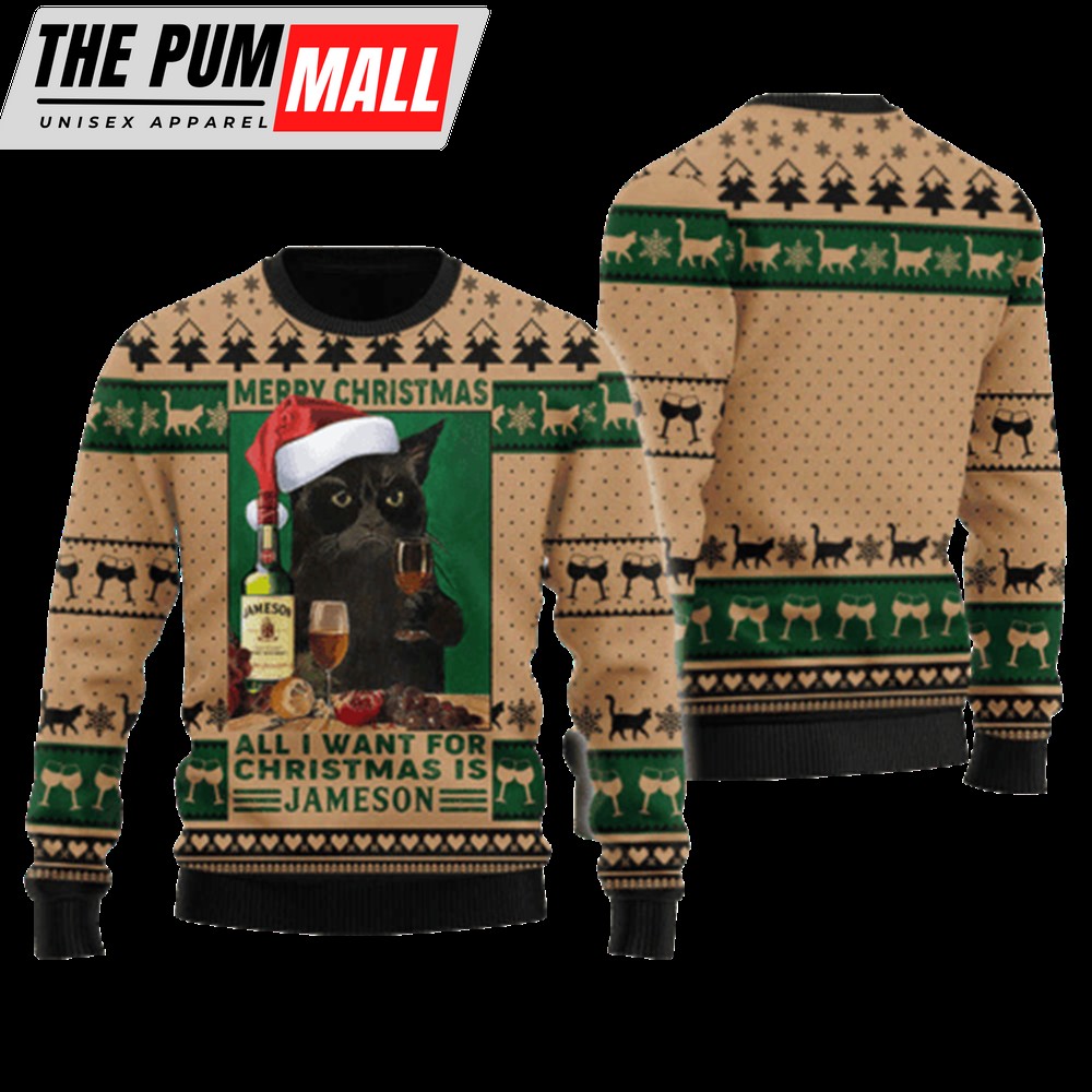 Black Cat Drinking Jameson Christmas Ugly Sweater, Gift For Men And Women