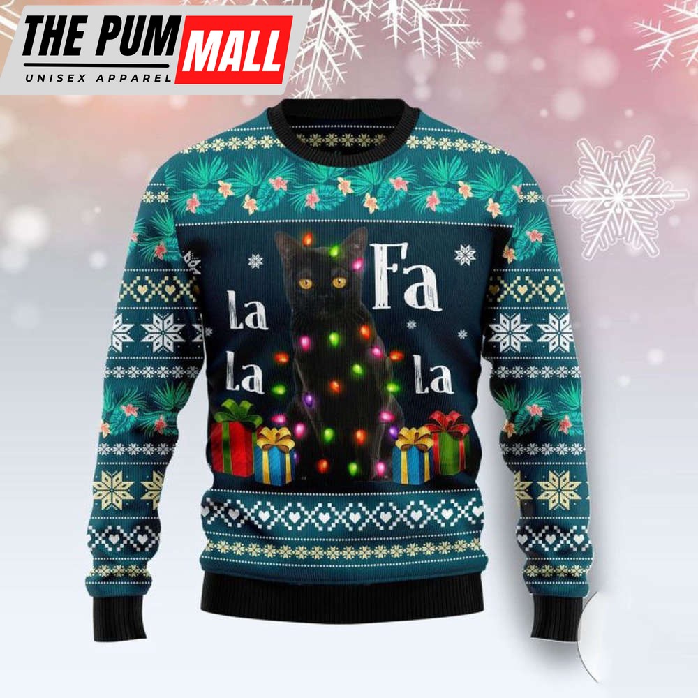 Black Cat Falalala Ugly Christmas Sweater, All Over Print Sweatshirt