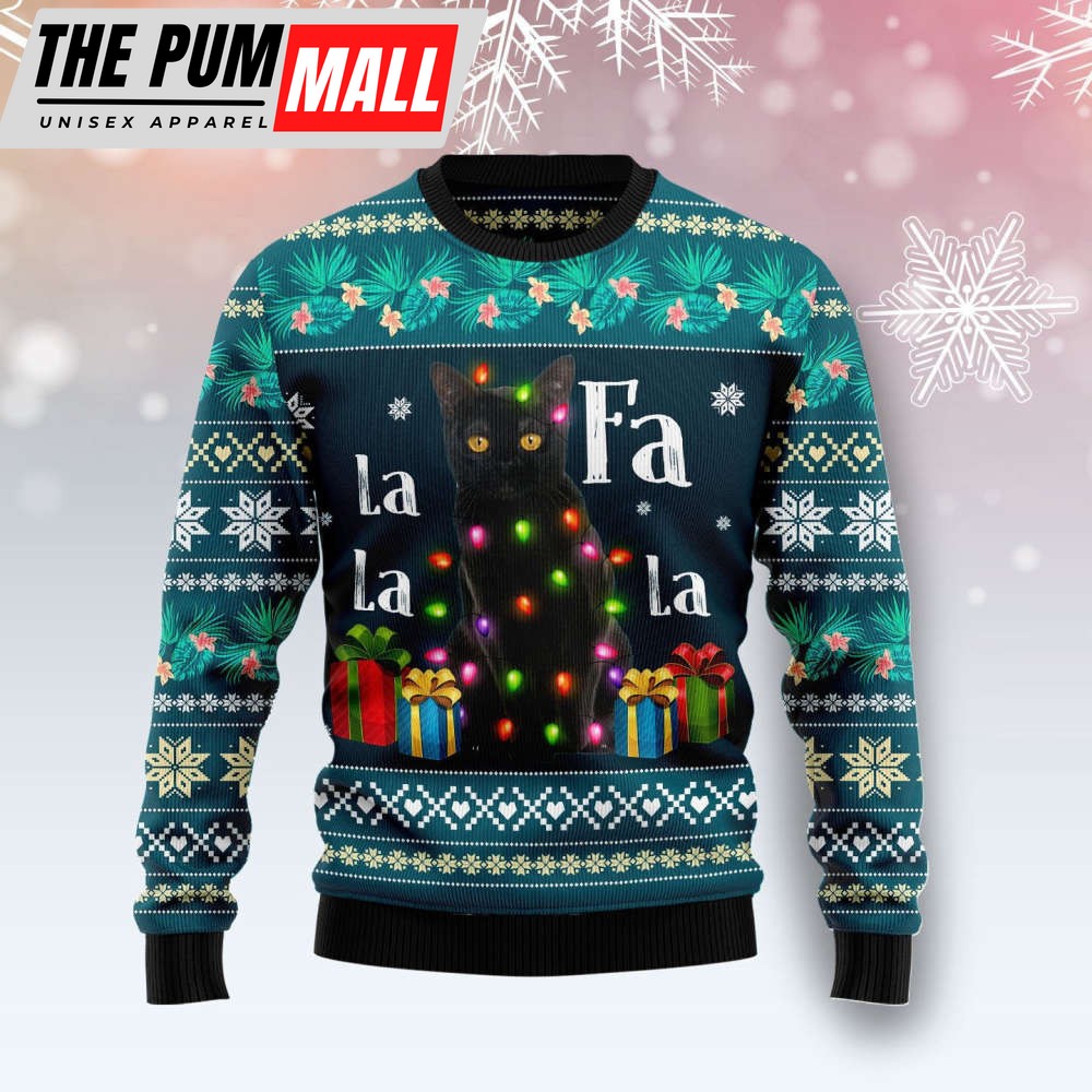 Black Cat Falalala Ugly Christmas Sweater, Christmas Gift For Cat Lover