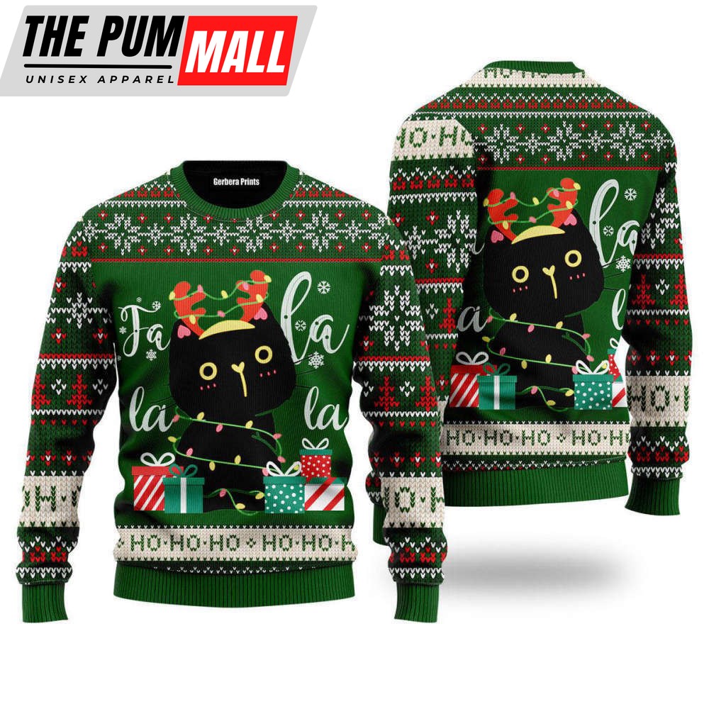 Black Cat Falalala Ugly Christmas Sweater For Men & Women UH1324