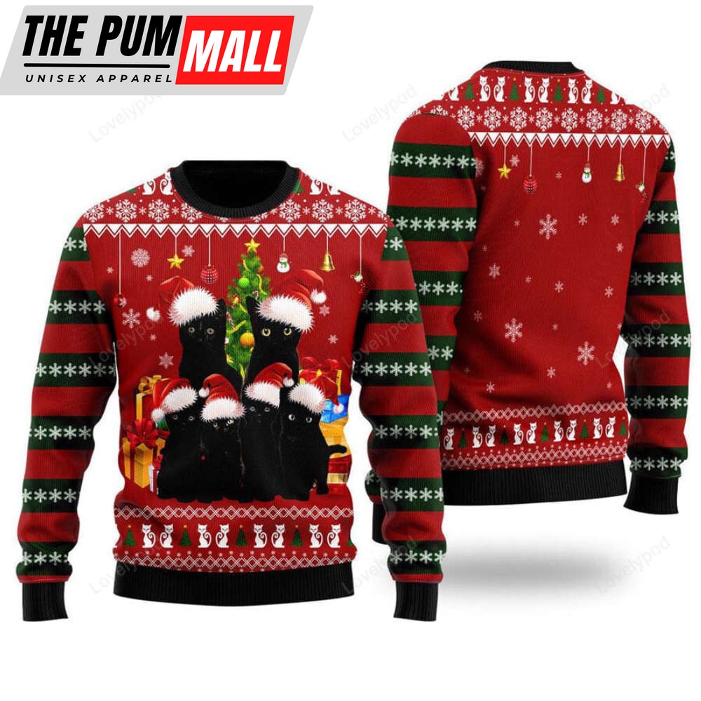 Black Cat Family Christmas Ugly Christmas Sweater, Gift for cat lover