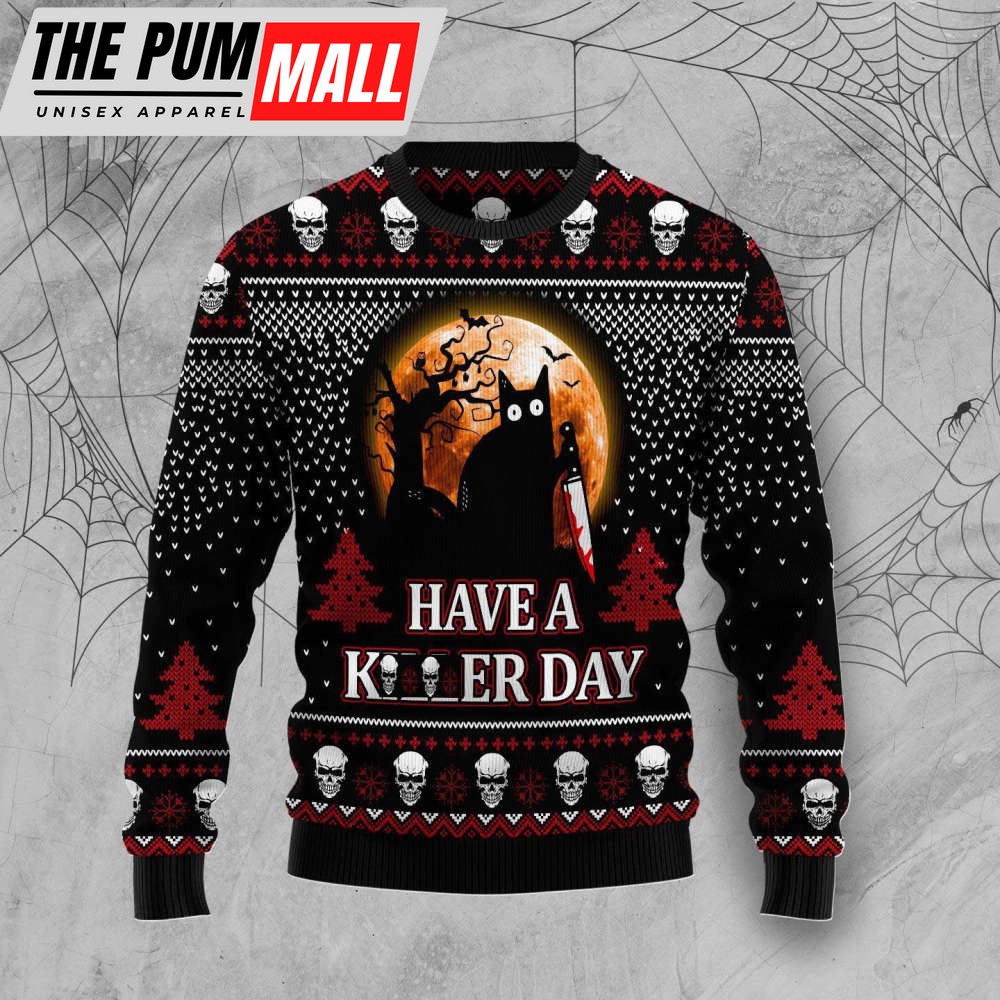 Black Cat Funny Have Day Halloween Ugly Christmas Sweater For Christmas Gift