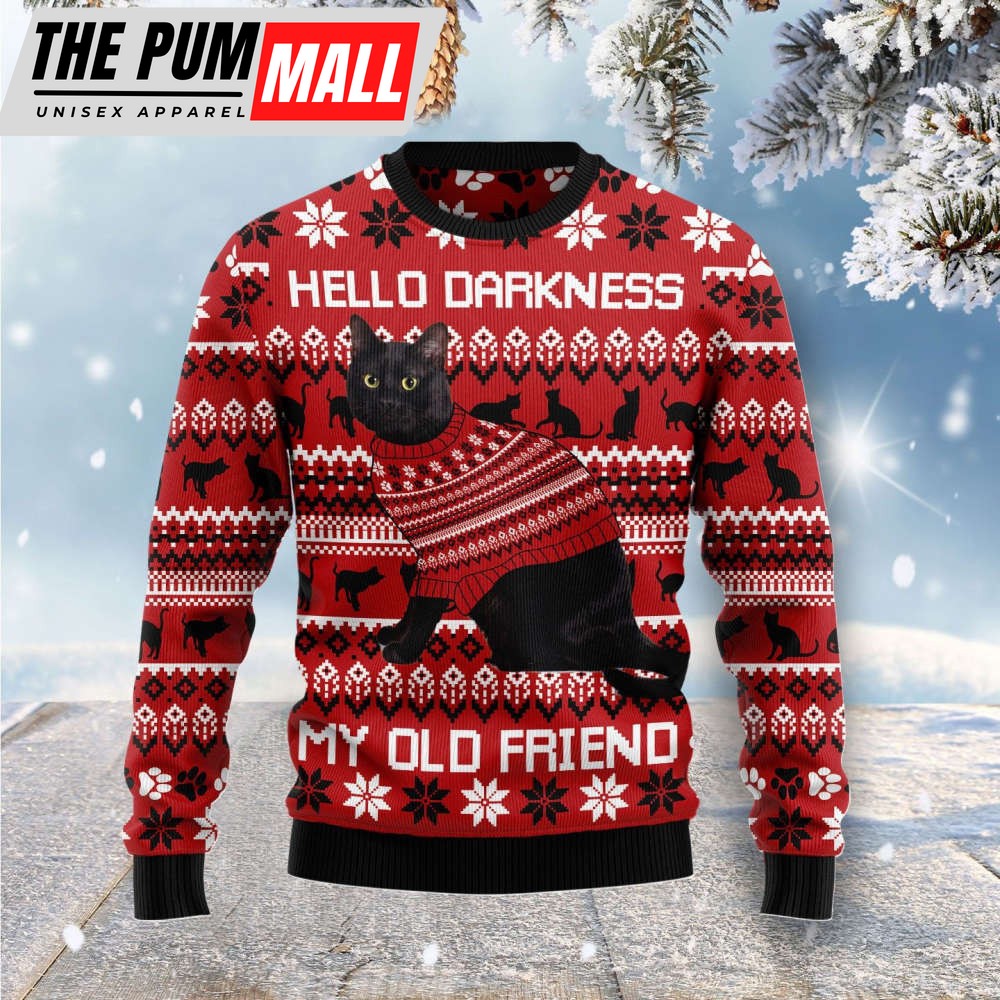 Black Cat Hello Darkness My Old Friend Ugly Christmas Sweater For Christmas Gift