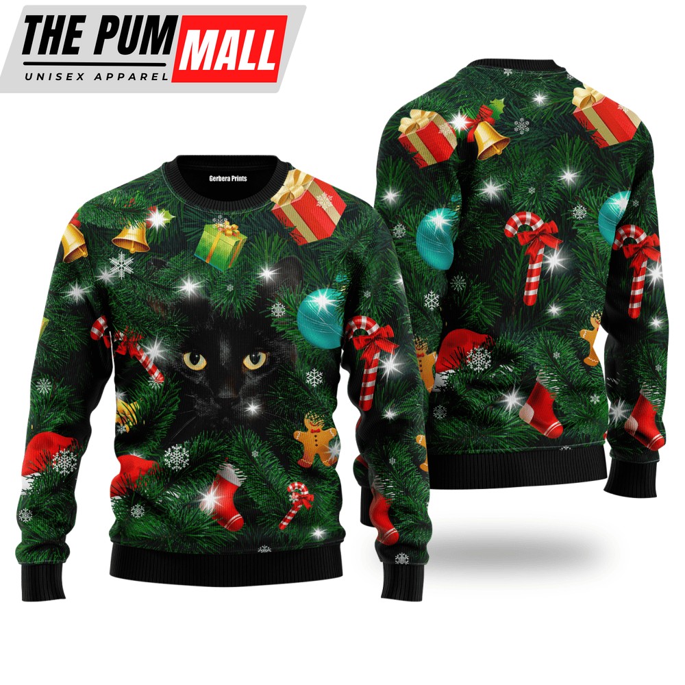 Black Cat Inside Tree Ugly Christmas Sweater For Men & Women