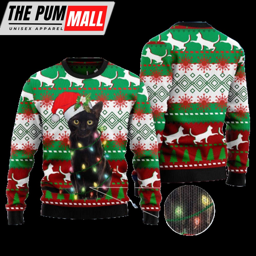 Black Cat Light Christmas Ugly Christmas Sweater For Men And Women