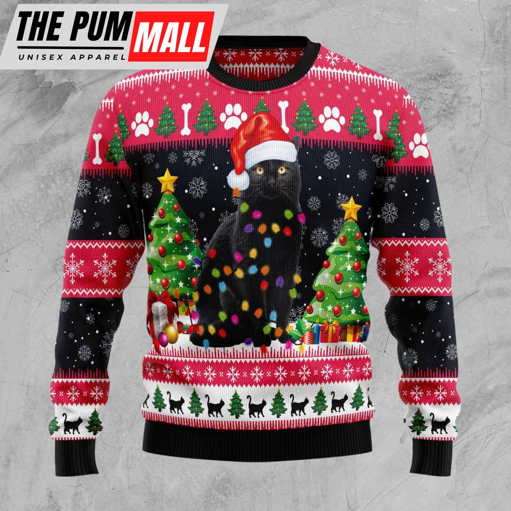 Black Cat Light Ugly Christmas Sweater, Christmas Gift For Cat Lover