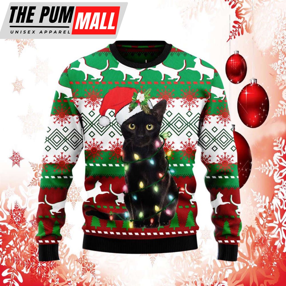 Black Cat Light Ugly Christmas Sweater Knit Wool Sweater