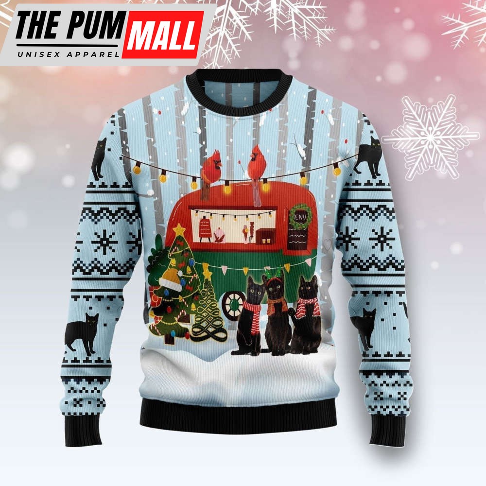 Black Cat Love Camping Ugly Christmas Sweater For Christmas Gift