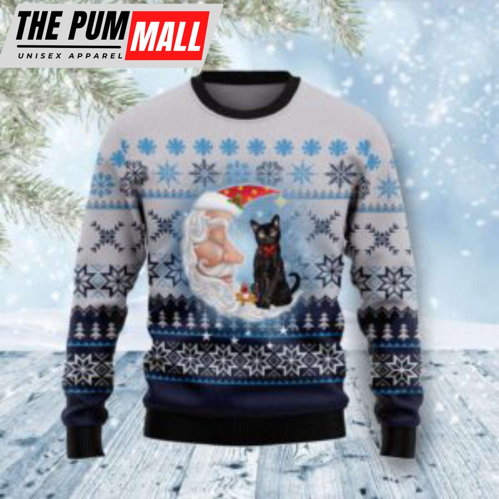 Black Cat Love Santa Moon Ugly Christmas Sweater, All Over Print Sweatshirt