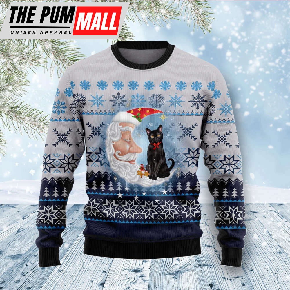 Black Cat Love Santa Moon Ugly Christmas Sweater, Gift For Christmas 2023