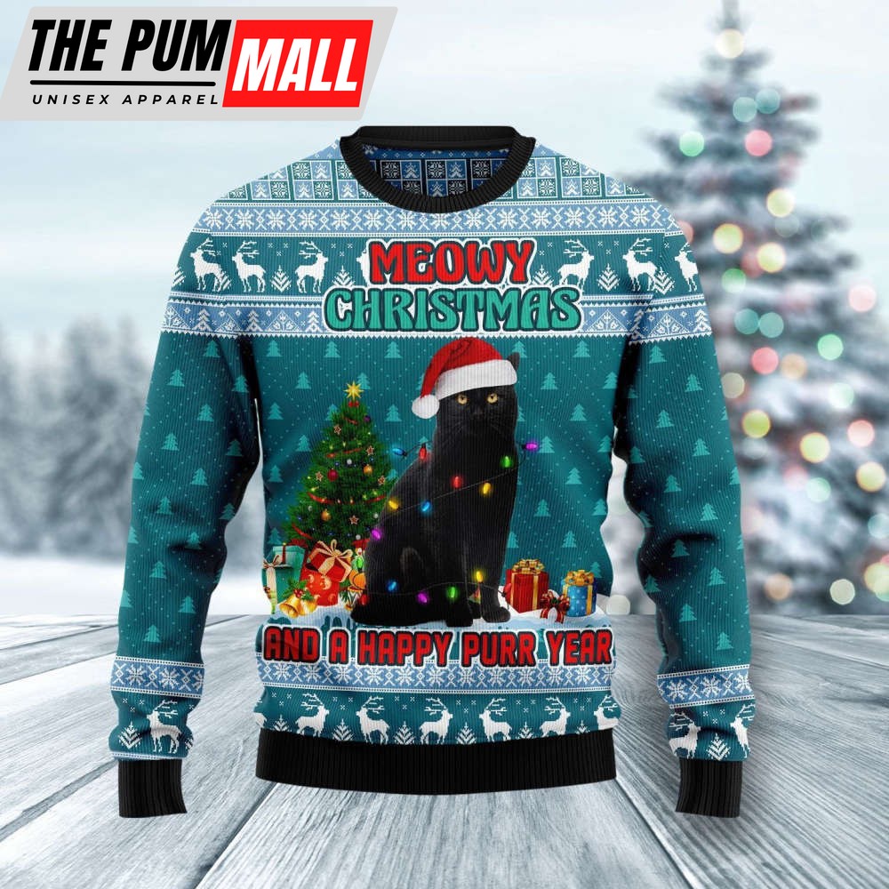 Black Cat Meomy Christmas And A Happy Purr Year Ugly Christmas Sweater For Men Women