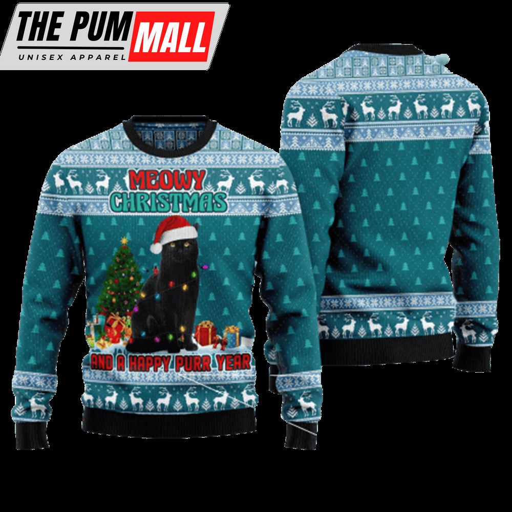 Black Cat Meomy Christmas And A Happy Purr Year Ugly Christmas Sweater