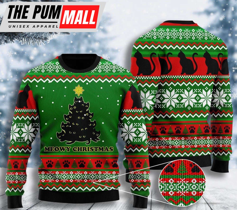 Black Cat Meowy Christmas Tree Ugly Christmas Sweater, Black Cat Meowy Christmas Tree  3D All Over Printed Sweater
