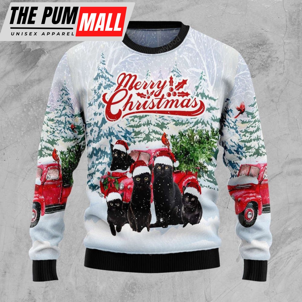 Black Cat Merry Christmas Ugly Christmas Sweater, Christmas gift for cat lover