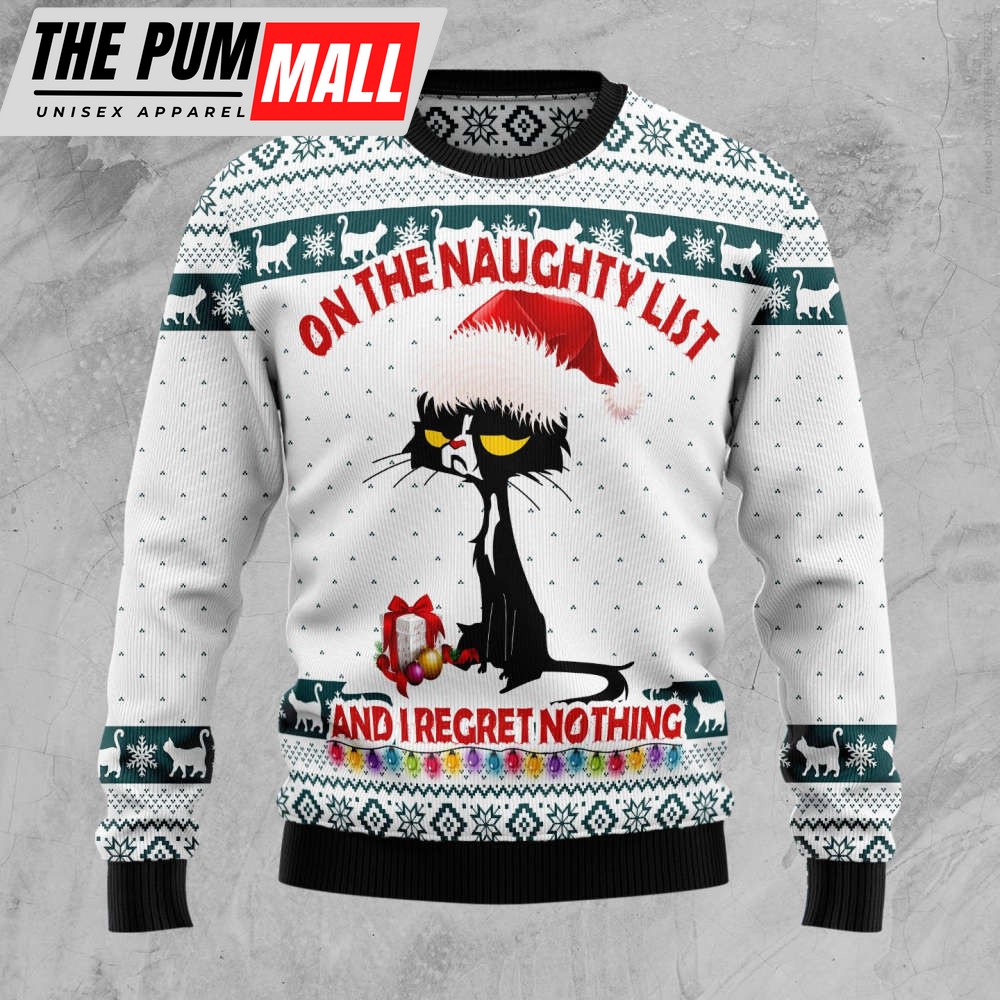 Black Cat Naughty List Ugly Christmas Sweater, Best Gift For Christmas 2023