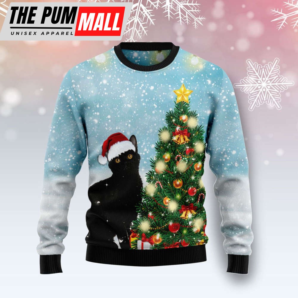 Black Cat Noel Tree Ugly Christmas Sweater, Black Cat Noel Tree 3D All Over Printed Sweater