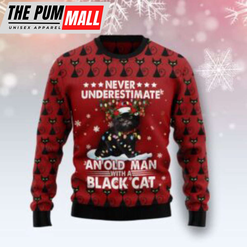 Black Cat Old Man Ugly Christmas Sweater, All Over Print Sweatshirt