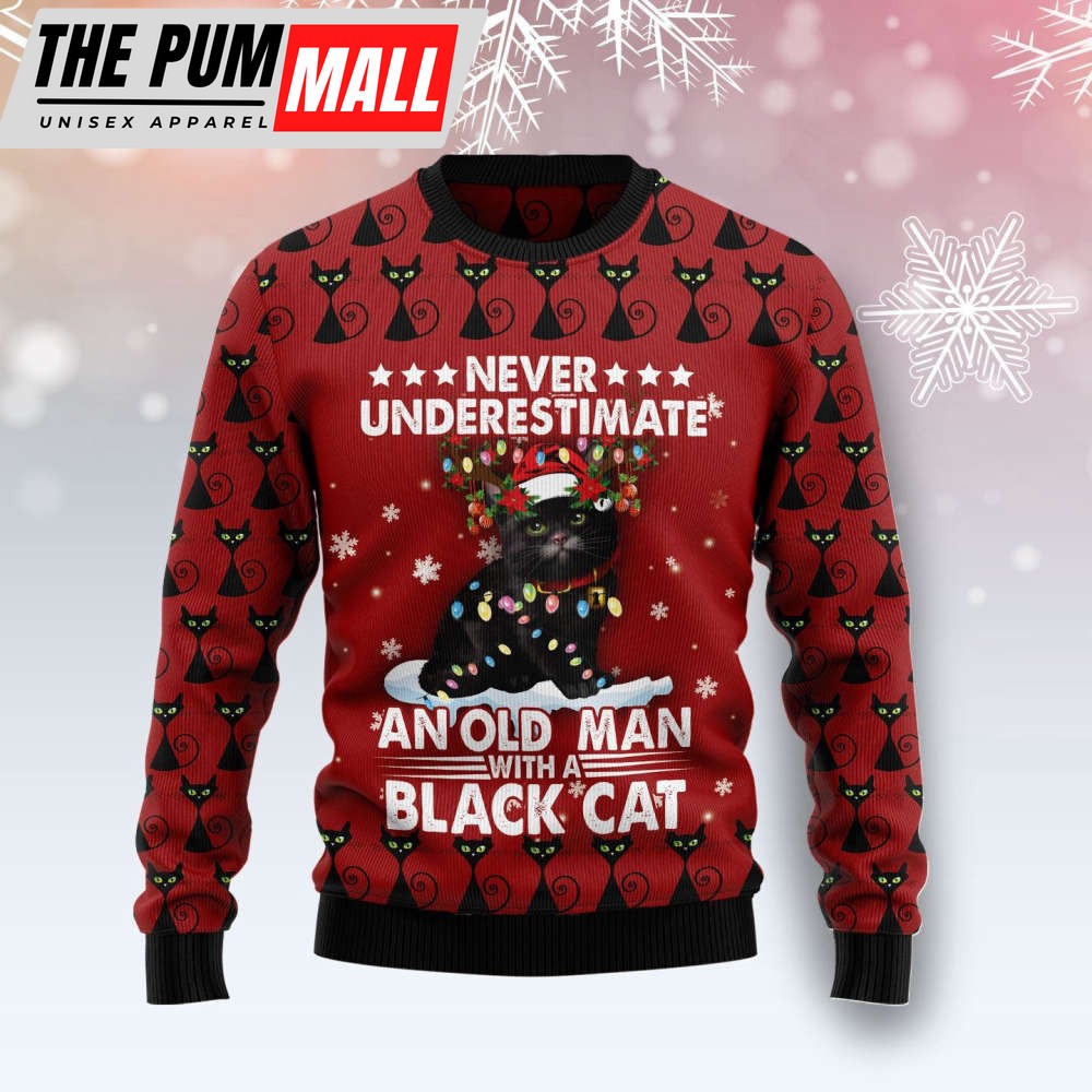 Black Cat Old Man Ugly Christmas Sweater, Best Gift For Christmas 2023
