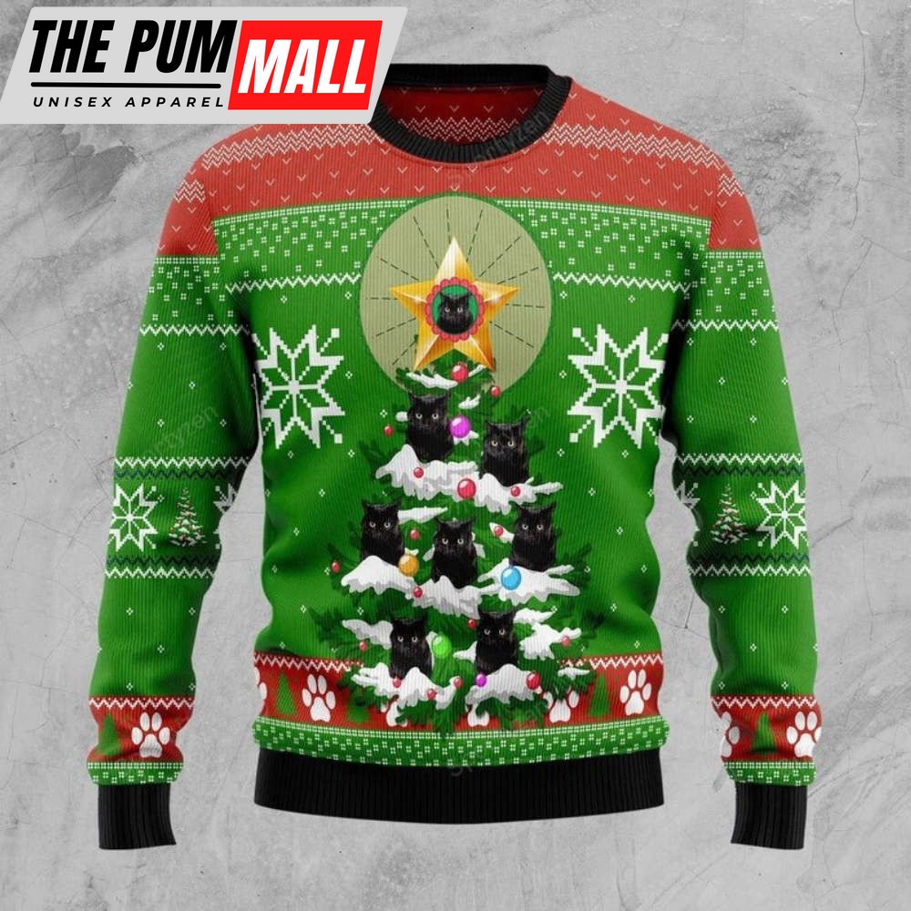 Black cat pine tree star Christmas sweater
