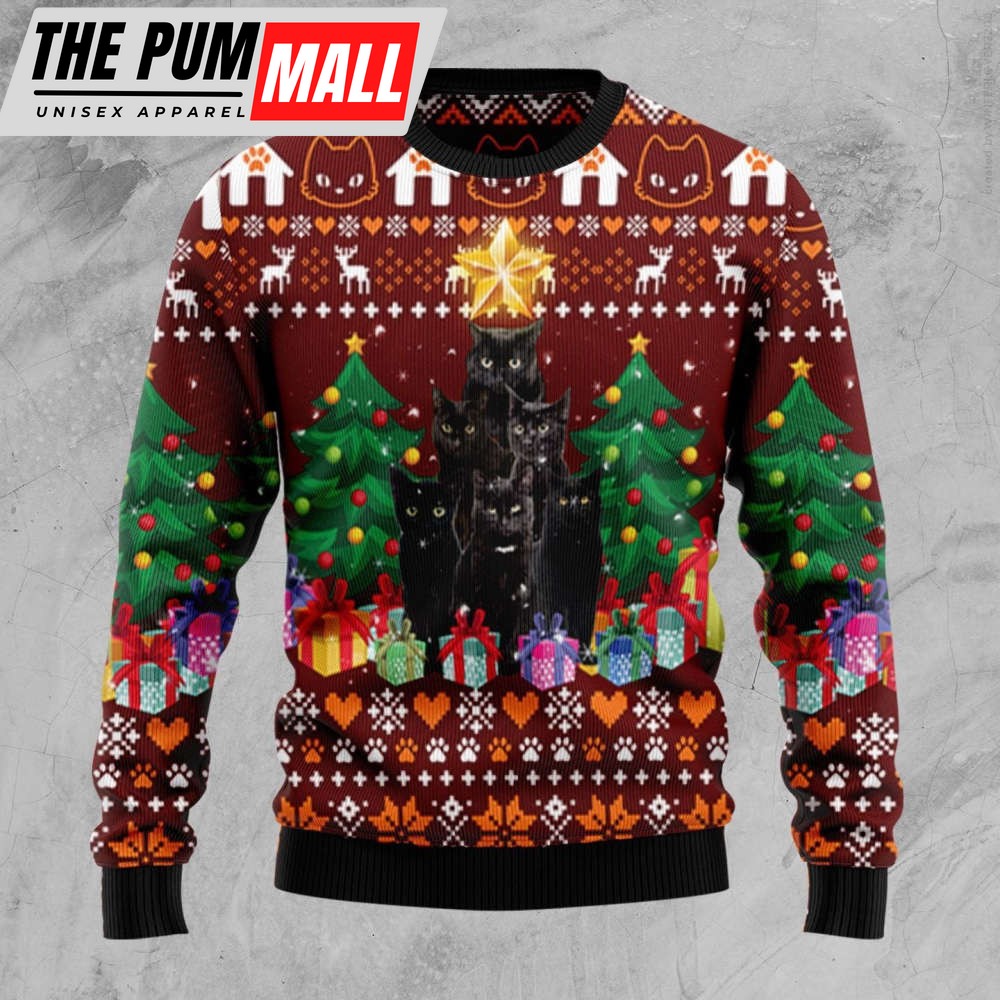 Black Cat Pine Tree Ugly Christmas Sweater