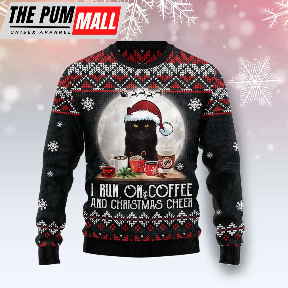 Black Cat Run On Coffee Ugly Christmas Sweater, Gift For Christmas 2023