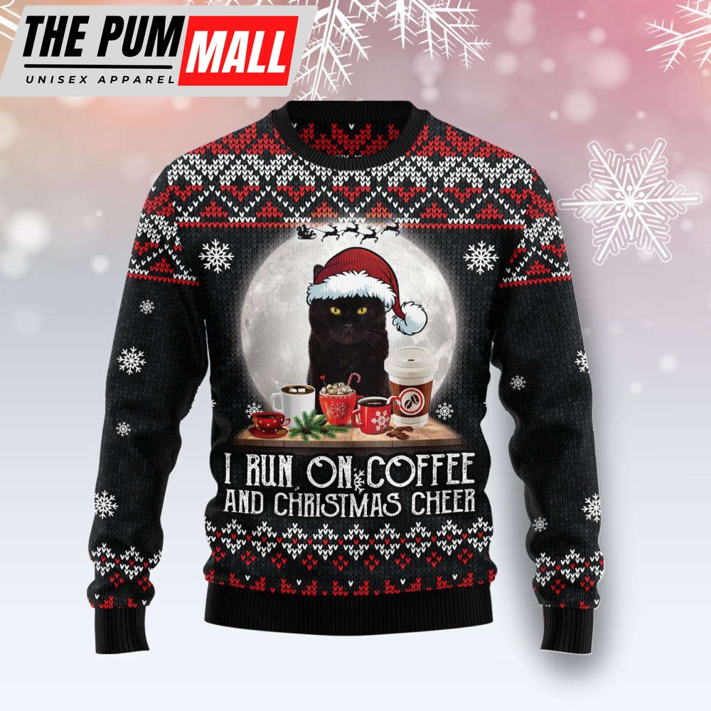 Black Cat Run On Coffee Ugly Christmas Sweater