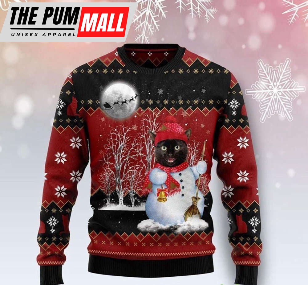Black Cat Santa Snowman Ugly Christmas Sweater, Funny Xmas Gift For Christmas