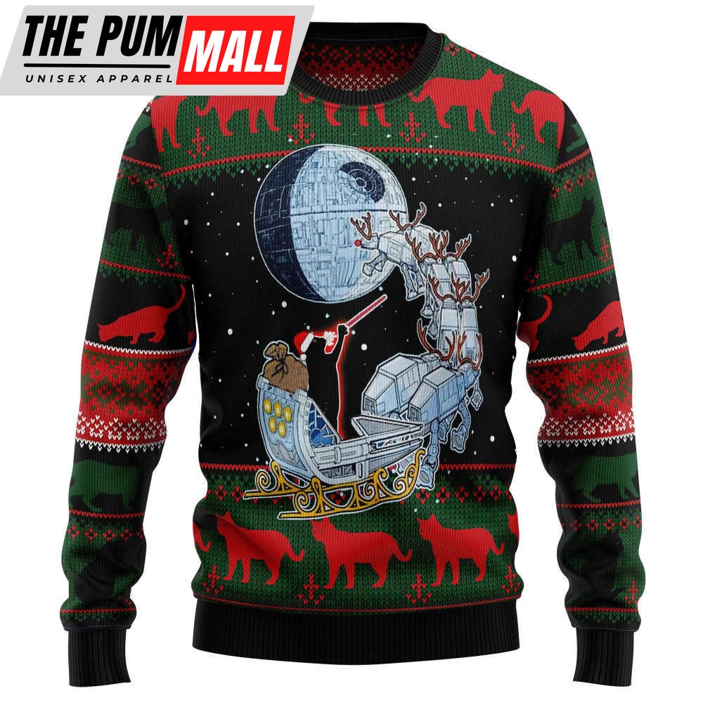 Black Cat Sleigh To Death Star Ugly Christmas Sweater, Gift For Christmas 2023