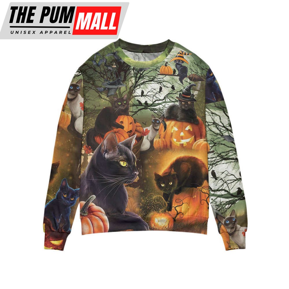 Black Cat & The Pumpkin Halloween Ugly Christmas Sweater, All Over Print Sweatshirt Gift For Christmas