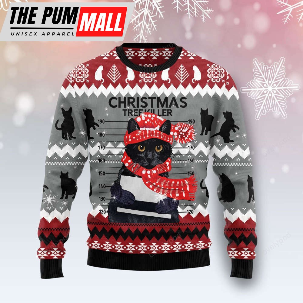 Black Cat Tree Killer Ugly Christmas Sweater For Men & Women Adult