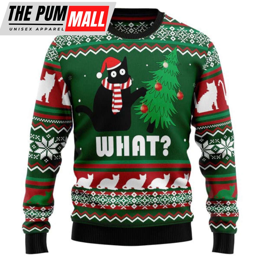 Black Cat What Christmas Ugly Christmas Sweater