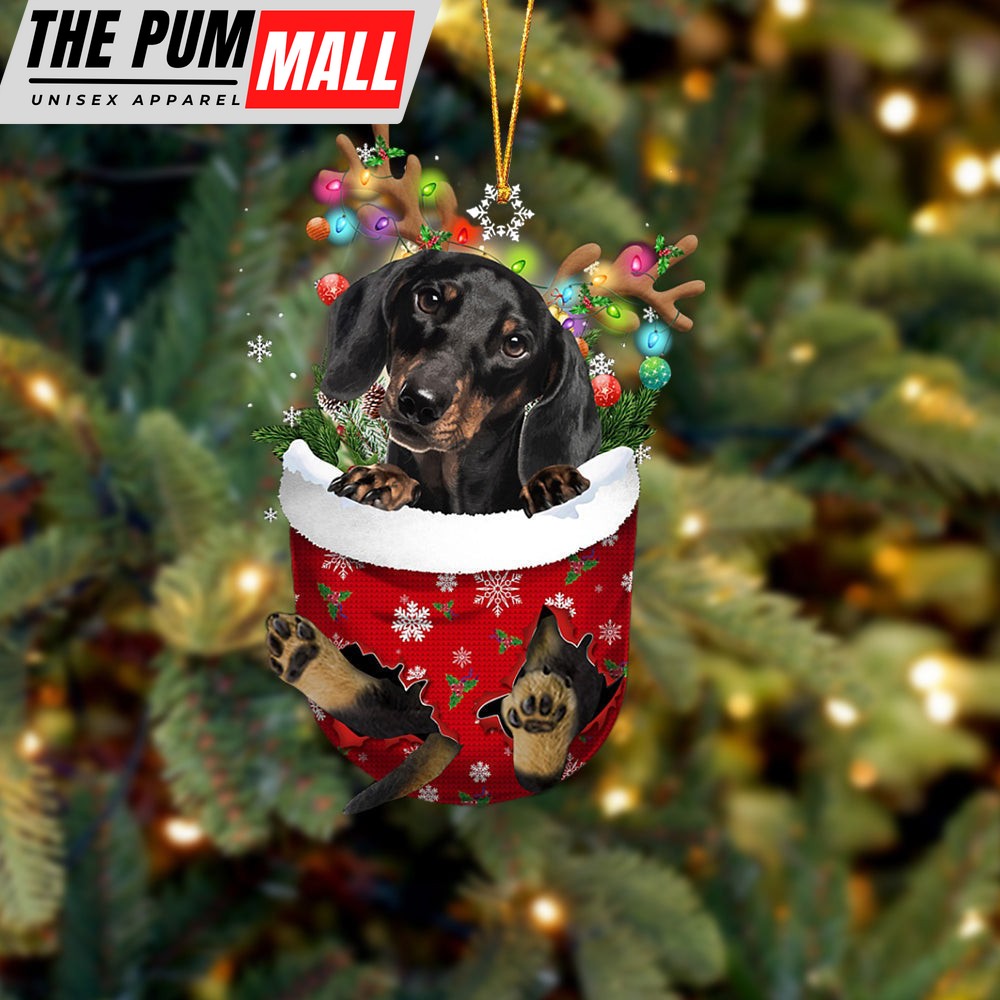 Black Dachshund In Snow Pocket Christmas Ornament – Two Sided Christmas Plastic Hanging Limited Edition