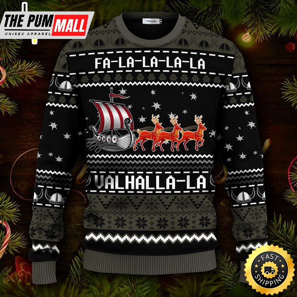 Black Falalalala Valhallala Viking Ships Viking Ugly Christmas Skull Sweater Christmas