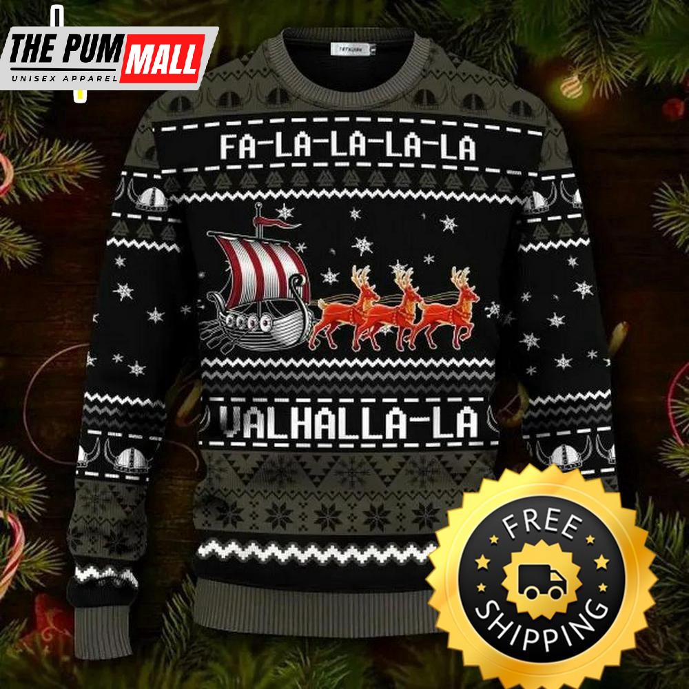 Black Falalalala Valhallala Viking Ships Viking Ugly Christmas Sweater, Viking Ugly Sweater