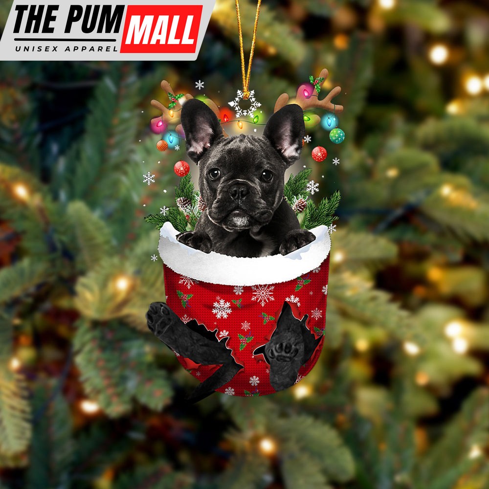 Black French Bulldog In Snow Pocket Christmas Ornament – Two Sided Christmas Plastic Hanging Limited Edition
