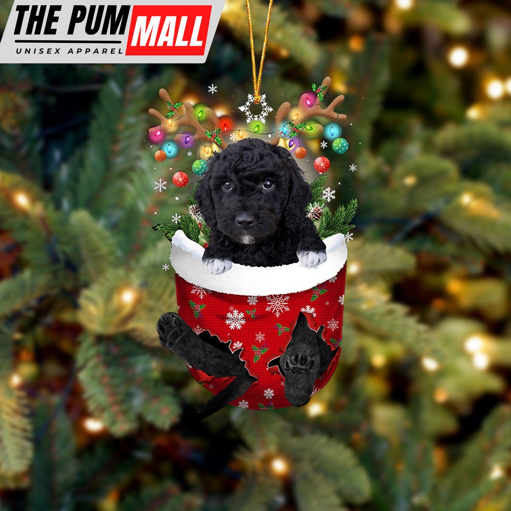 Black Goldendoodle In Snow Pocket Christmas Ornament – Two Sided Christmas Plastic Hanging Limited Edition