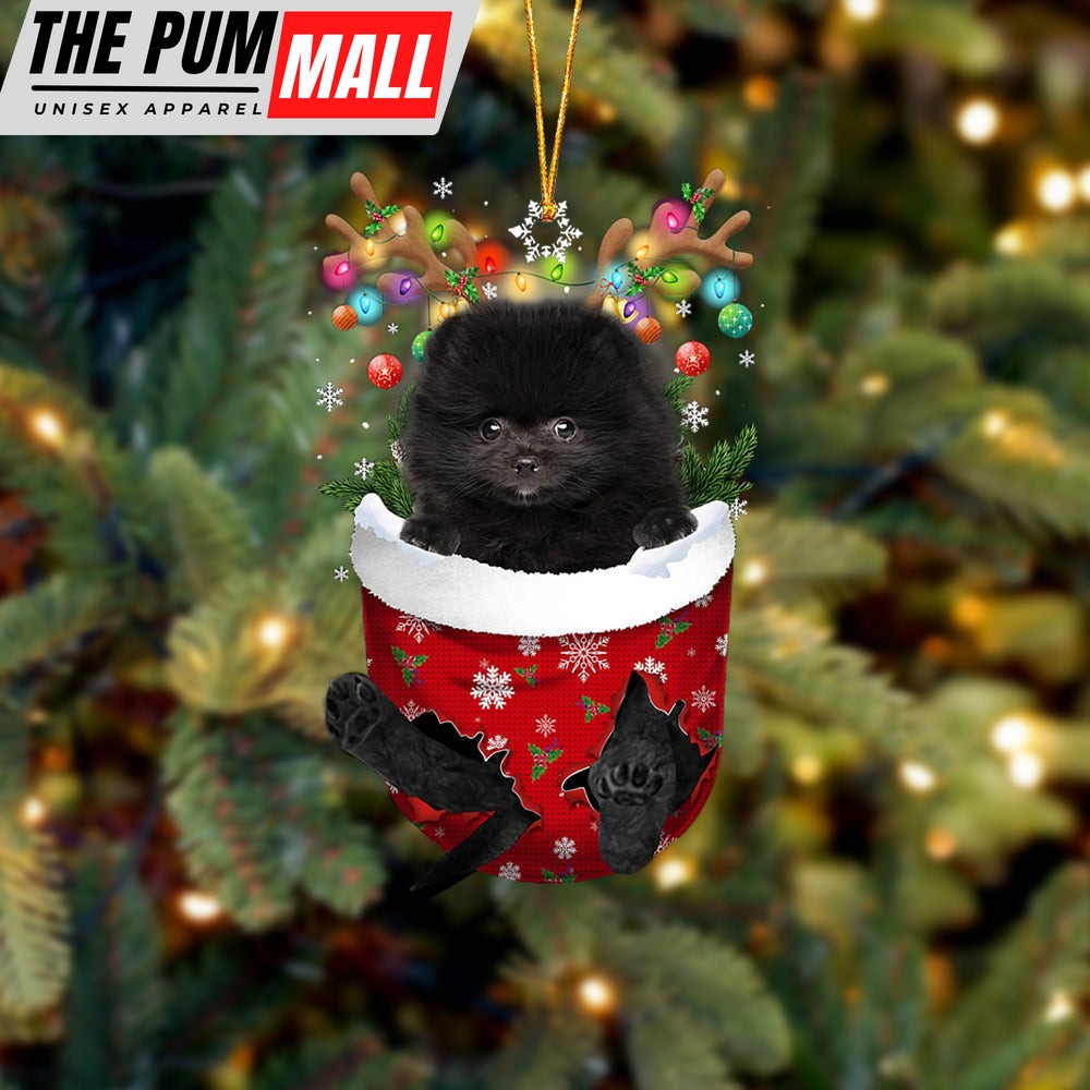 Black Pomeranian In Snow Pocket Christmas Ornament – Two Sided Christmas Plastic Hanging Limited Edition